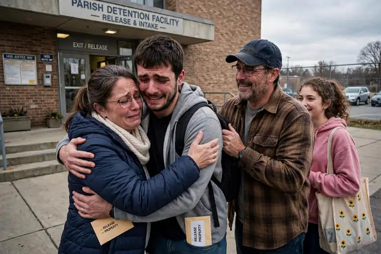 A family hugging their son outside a parish jail after his release