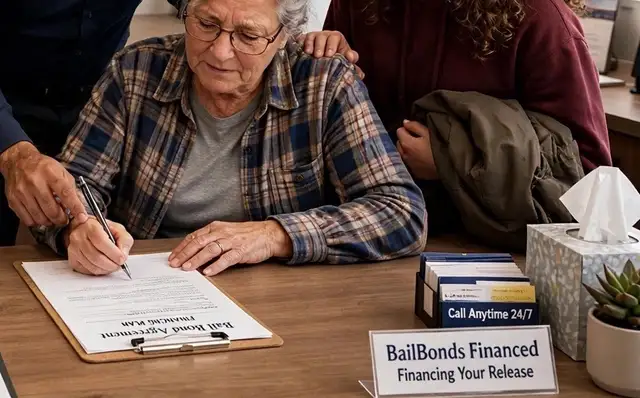 A grandmother signing bail bond paperwork with family beside her